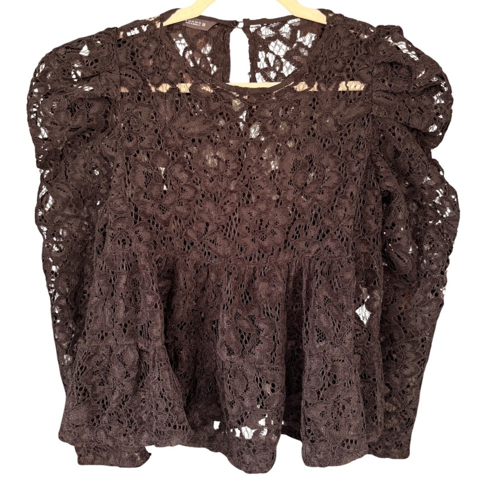 T11 Zara Lace Peplum Puff Sleeve Victorian Goth Romantic‎ Sheer Blouse 8545/746